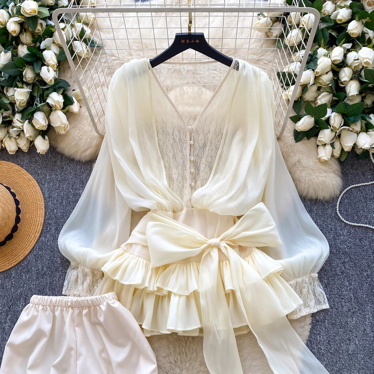 SINGREINY Fairycore Lace Chiffon Dresses With Stretch Shorts Pearl Button Bow Female Ruffles Sheer Seaside Holiday Mini Dress