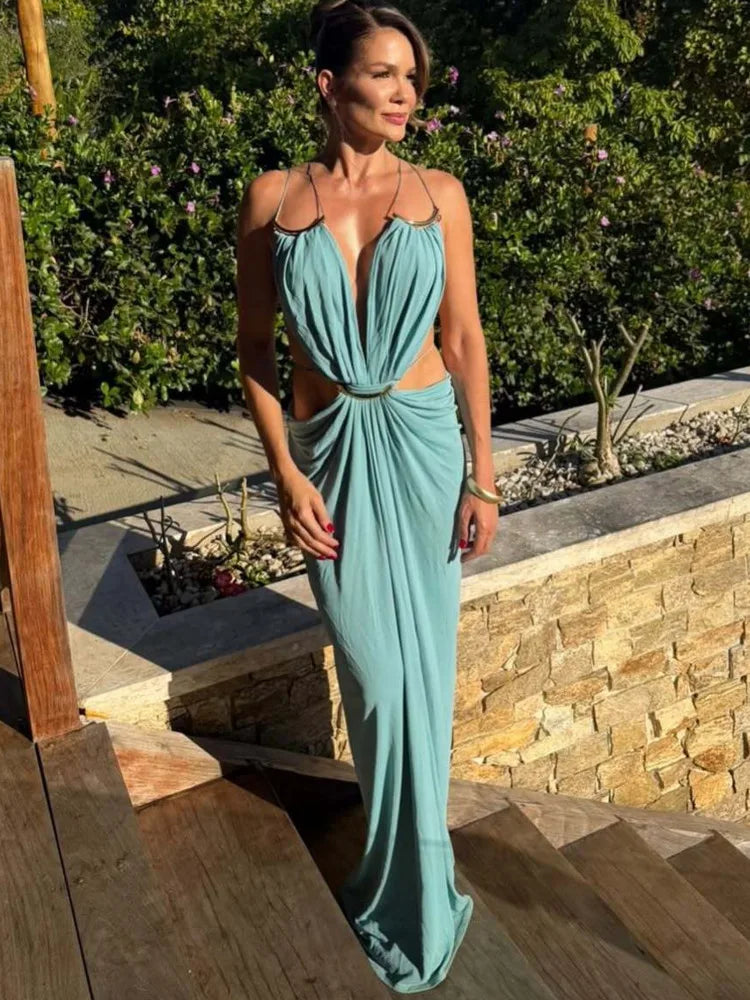 Halter Deep V Neck Maxi Dress Backless