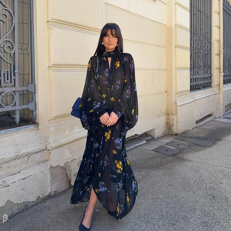 Elegant Cascading Ruffles Short Dresses Women Loose Blue Turtleneck Flare Sleeve Dress 2025 Spring Summer Lady Vacation Robes