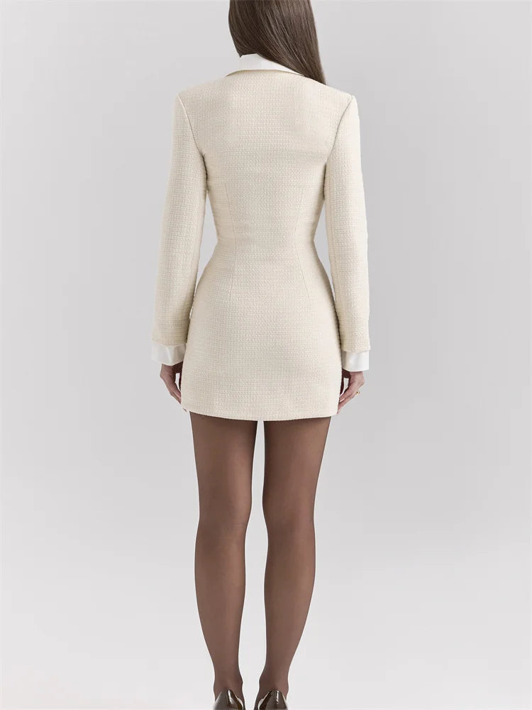 Ladies Contrast Mini Dress Elegant Lapel