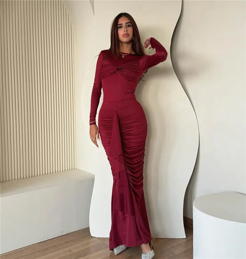 O Neck Ruched Bodycon Elegant Dress