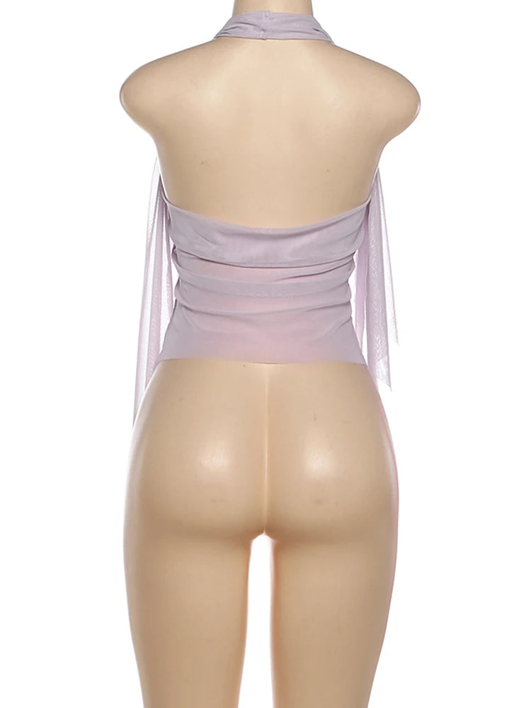 Nibber Elegant Metal Trim Tank Tops Woman Mesh Patchwork Halter Low-Neck Backless Ruched Ruffles Decoration 2026 New Style Vests