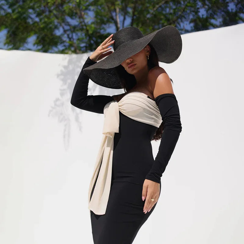 Patchwork Off-shoulder Maxi Dress