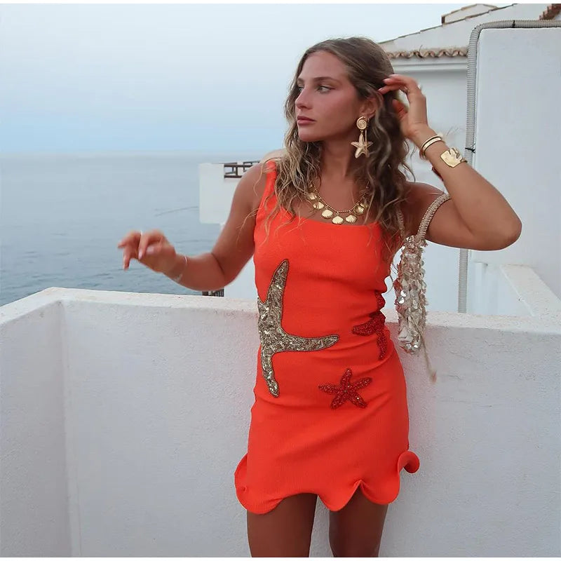 Stunning Shiny Stars Ruffles Hem Knitted Mini Dress