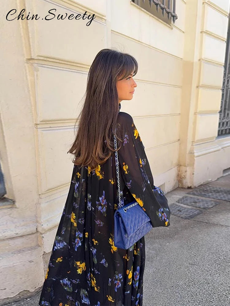Elegant Cascading Ruffles Short Dresses Women Loose Blue Turtleneck Flare Sleeve Dress 2025 Spring Summer Lady Vacation Robes