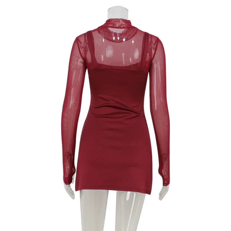 Sexy Women's Burgundy Mini Dress Luxury Turtleneck Transparent Long Sleeve A-line Short Dresses Evening Party Prom Cocktai New