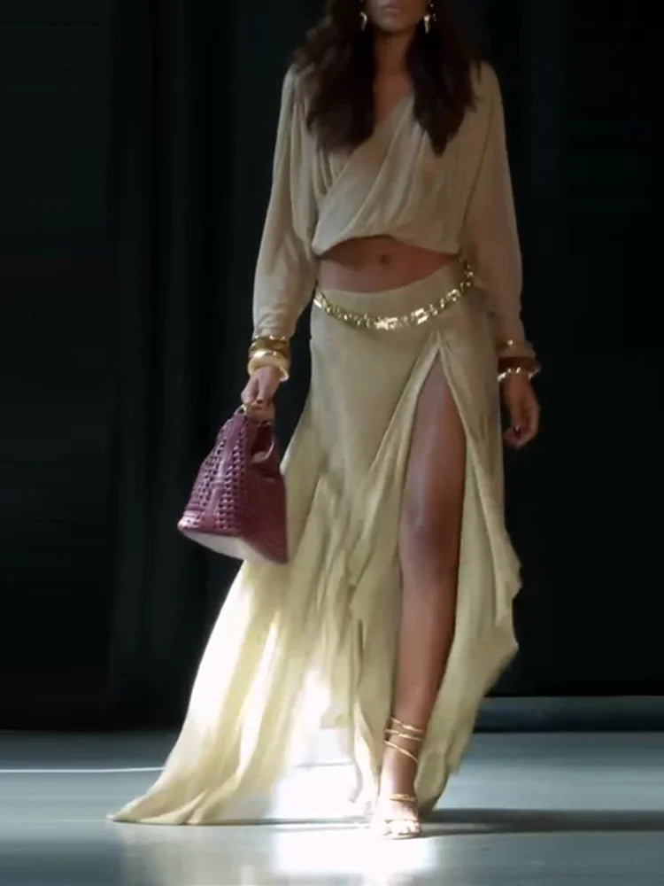 Sexy Women's Solid Top Long Skirt Set V-neck Batwing Full Sleeve Cross Crop Tops Chain Slit Skirts 2026 Summer Lady Beach Suit