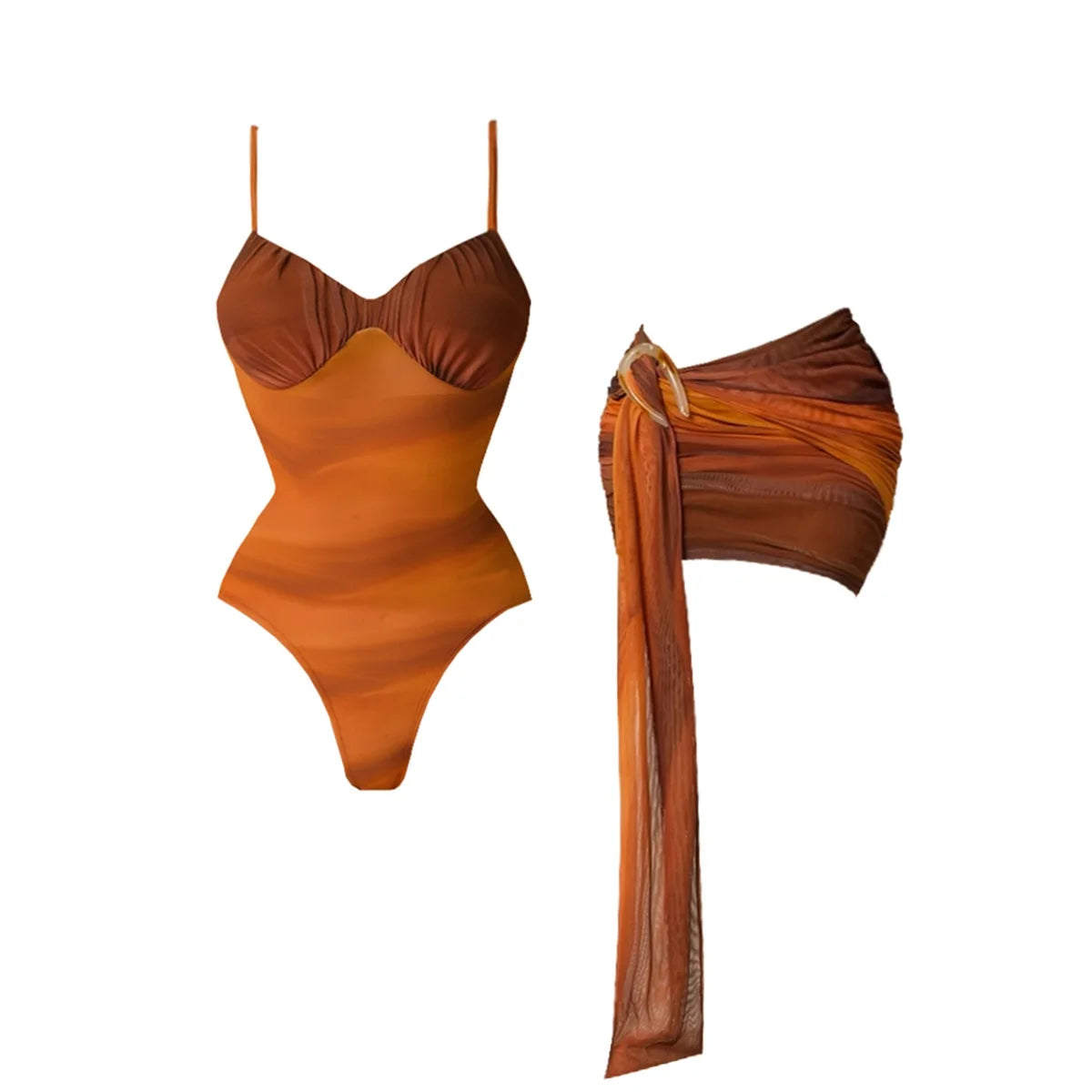 2Pc Push Up Swimsuit With Mesh Skirt Women Sexy Bikini Female Bandeau Biquini Female Belt Swimwear Button Bathing Suit Beachwear