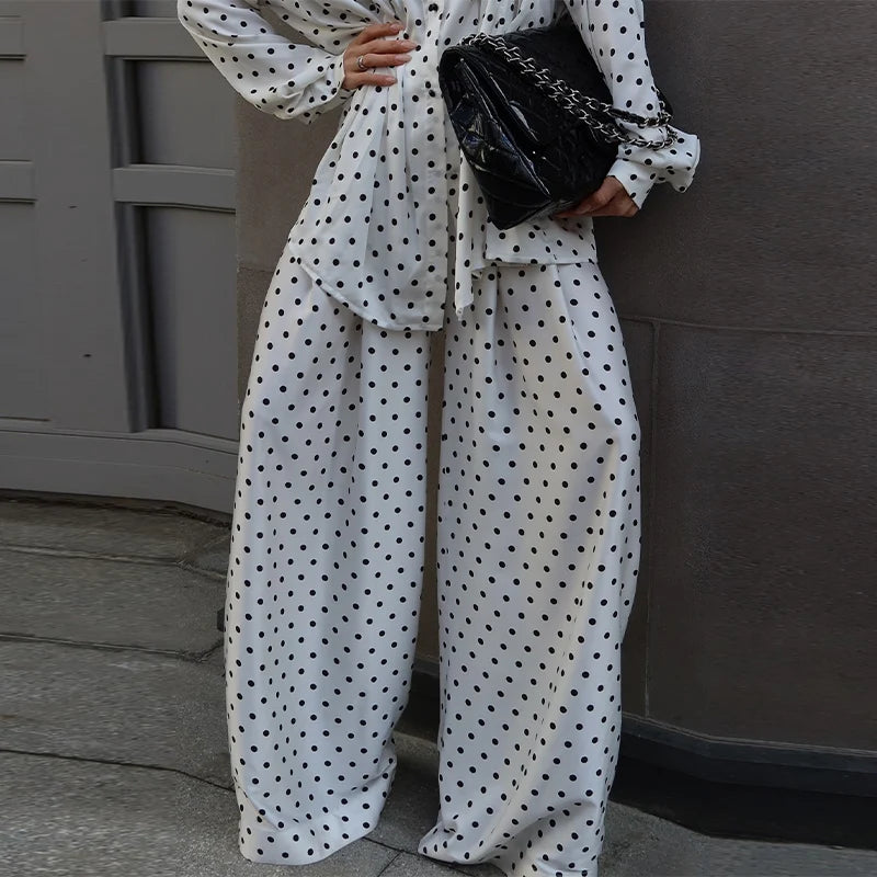 Casual Dot Shirt Pants Women Set Holidays Lapel Long Sleeve Blouse Wide Leg Pleated Trousers 2026 Spring Summer Lady Outfit