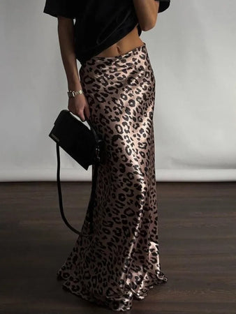 Satin Leopard Print Long Skirt