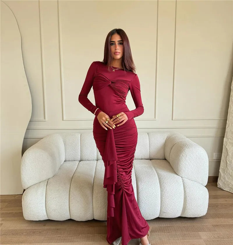 O Neck Ruched Bodycon Elegant Dress