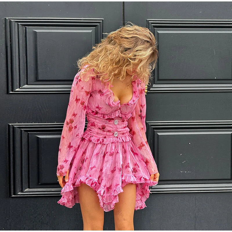 Sexy Print Cascading Ruffles A-line Dress Women Halter Bubble Sleeve Party Short Dresses 2026 Summer Lady Chic Holiday Robes