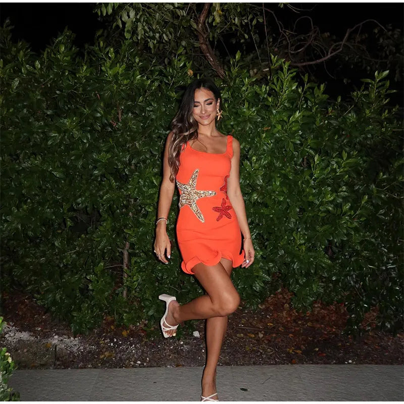 Stunning Shiny Stars Ruffles Hem Knitted Mini Dress