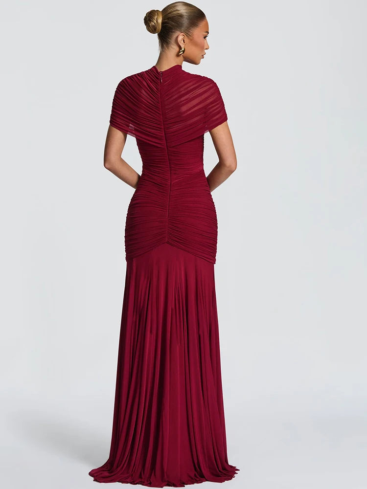 Sheer Mesh Maxi Dress Turtleneck Ruched