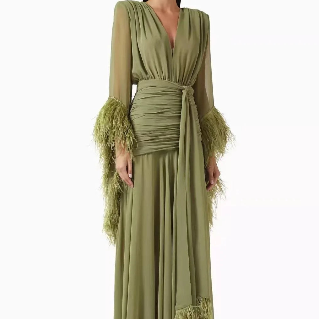 Women Elegant Solid Dress 2026 Fall V Neck Long Sleeve Feather Splicing Chiffon High Slit Slim Fit Maxi Dress Formal Party Gown