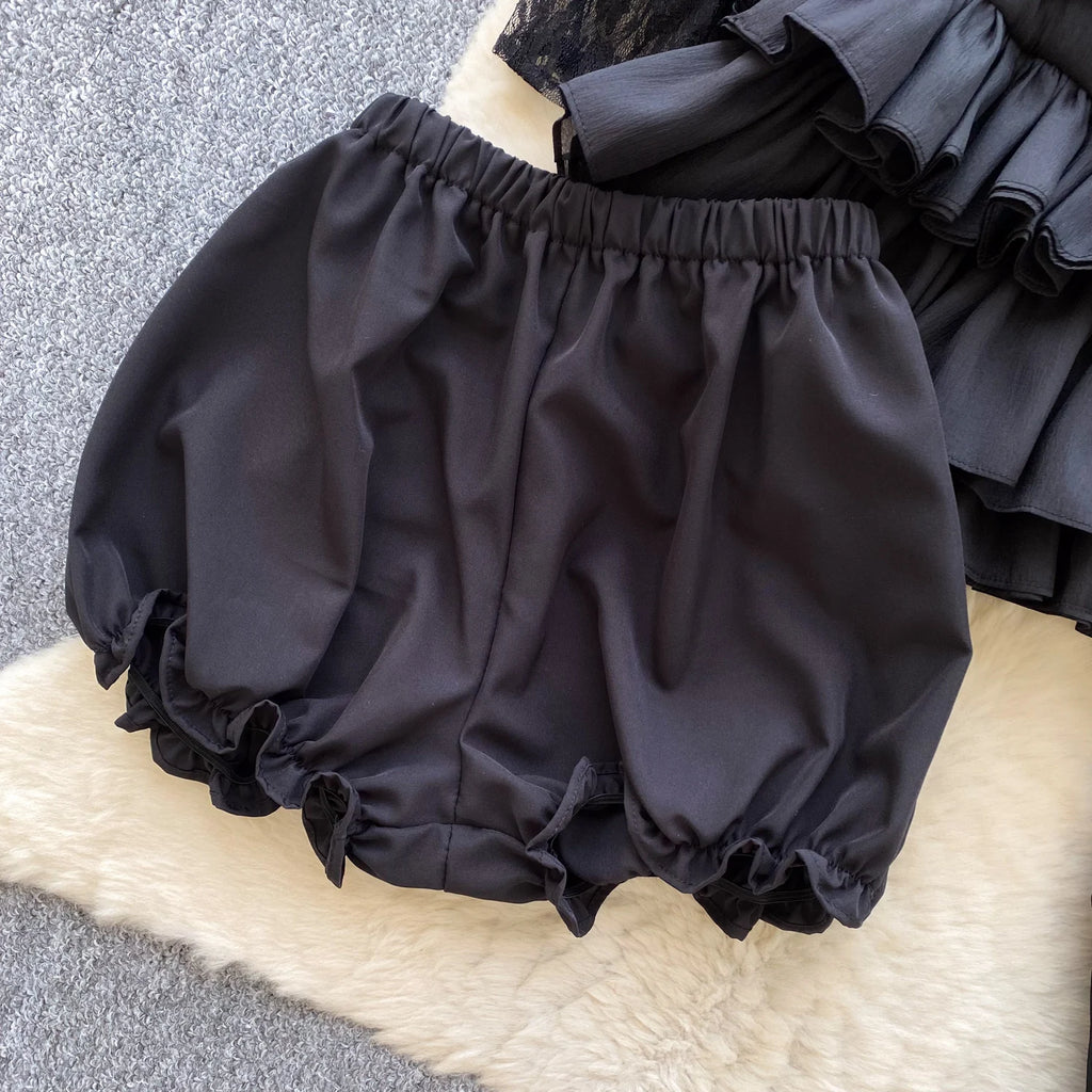 SINGREINY Fairycore Lace Chiffon Dresses With Stretch Shorts Pearl Button Bow Female Ruffles Sheer Seaside Holiday Mini Dress