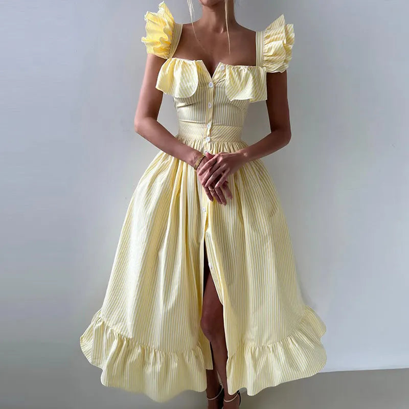 Elegant Striped Ruffled Women's Long Dress Square-Neck Single Breasted Flying Sleeve Dresses 2026 Summer Lady Party Beach Robes