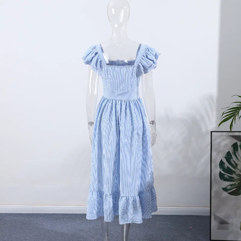 Elegant Striped Ruffled Women's Long Dress Square-Neck Single Breasted Flying Sleeve Dresses 2026 Summer Lady Party Beach Robes
