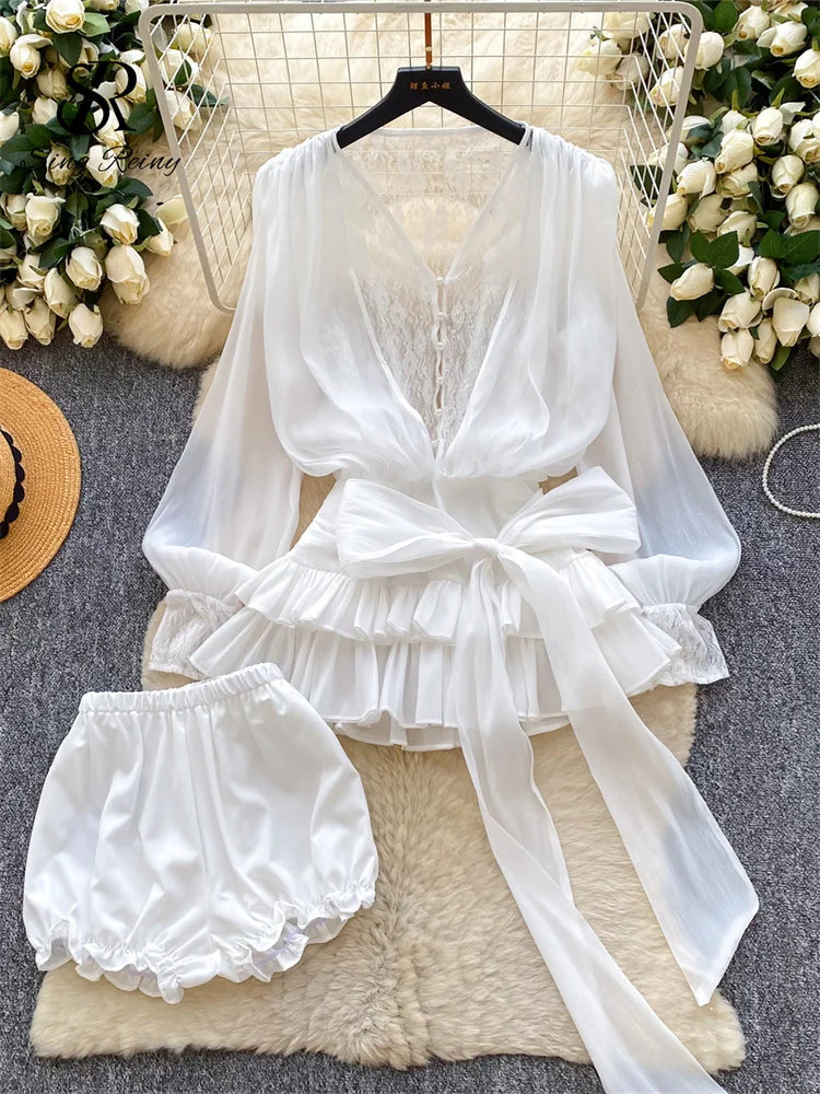SINGREINY Fairycore Lace Chiffon Dresses With Stretch Shorts Pearl Button Bow Female Ruffles Sheer Seaside Holiday Mini Dress