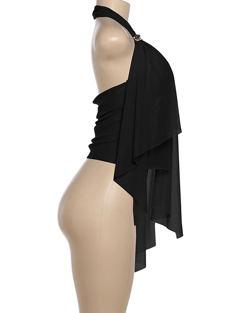Nibber Elegant Metal Trim Tank Tops Woman Mesh Patchwork Halter Low-Neck Backless Ruched Ruffles Decoration 2026 New Style Vests
