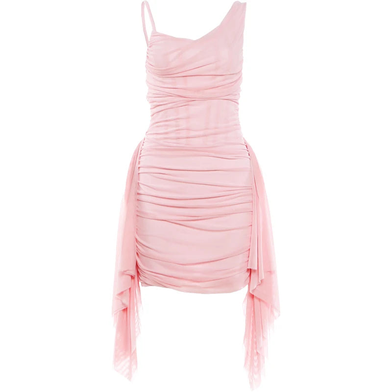 Weird Puss Ruffles Tassel Dress Women Folds Low-Neck Patchwork Mesh Sleeveless Sweet Elegant Prom Party Summer Chic Mini Bodycon