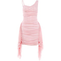 Weird Puss Ruffles Tassel Dress Women Folds Low-Neck Patchwork Mesh Sleeveless Sweet Elegant Prom Party Summer Chic Mini Bodycon