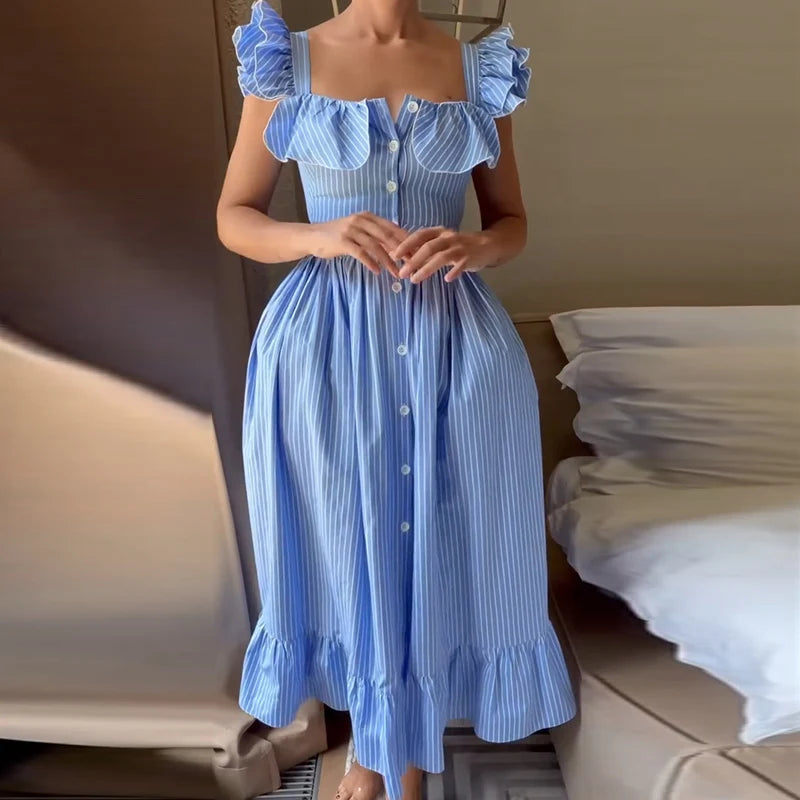 Elegant Striped Ruffled Women's Long Dress Square-Neck Single Breasted Flying Sleeve Dresses 2026 Summer Lady Party Beach Robes