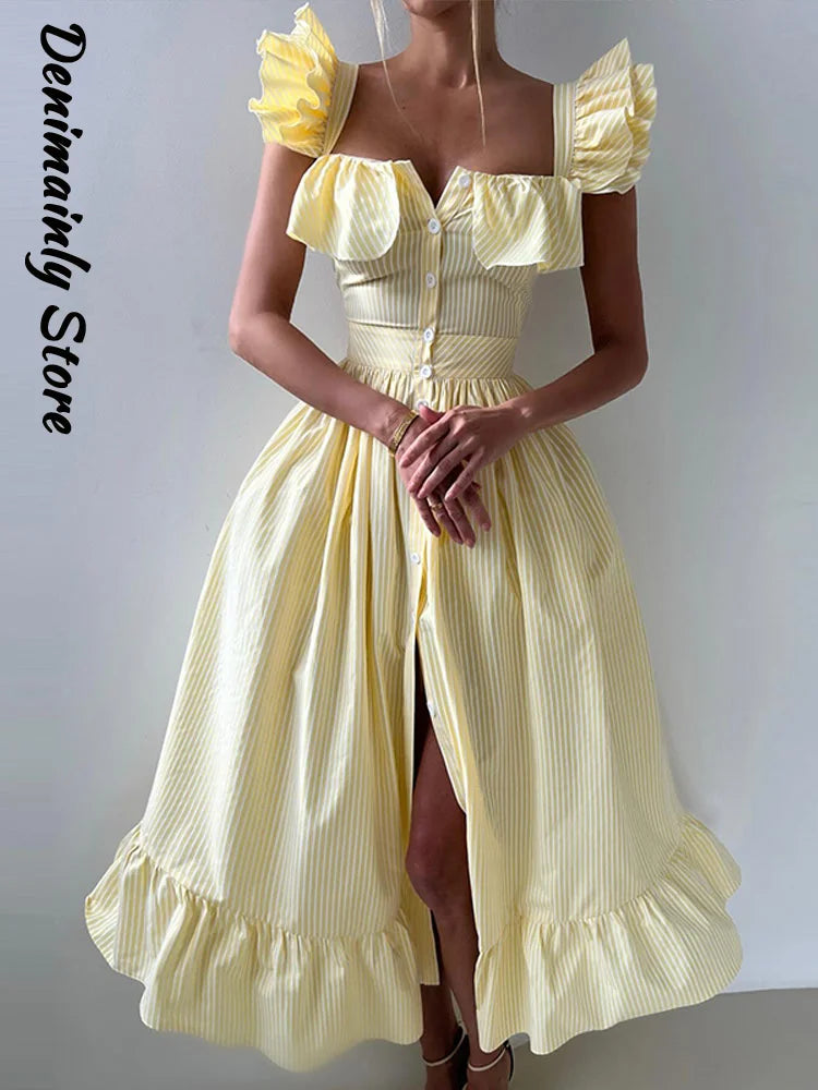 Elegant Striped Ruffled Women's Long Dress Square-Neck Single Breasted Flying Sleeve Dresses 2026 Summer Lady Party Beach Robes