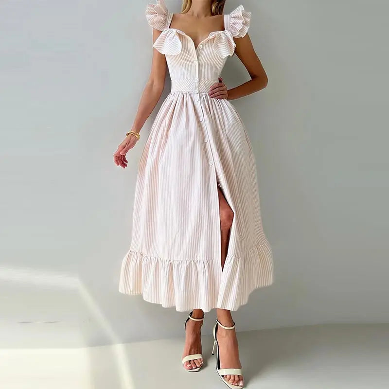 Elegant Striped Ruffled Women's Long Dress Square-Neck Single Breasted Flying Sleeve Dresses 2026 Summer Lady Party Beach Robes