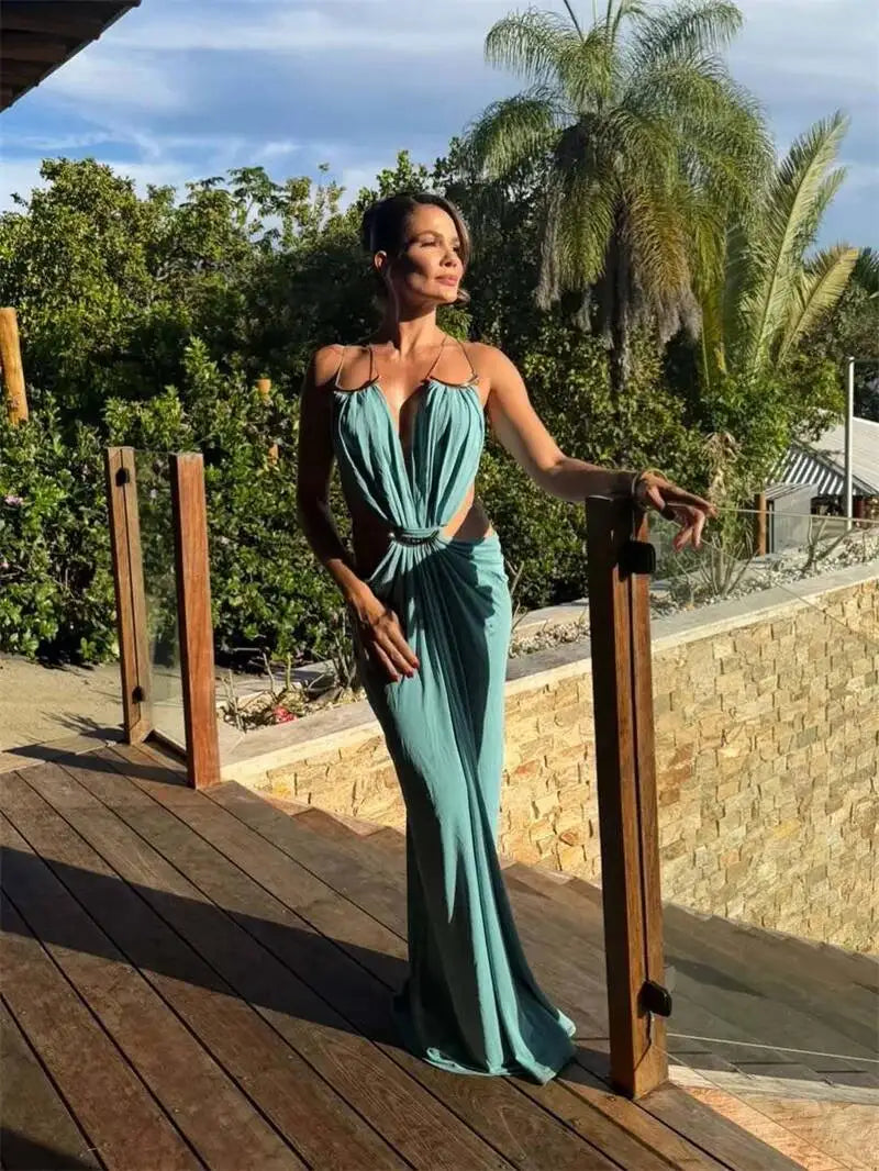 Halter Deep V Neck Maxi Dress Backless