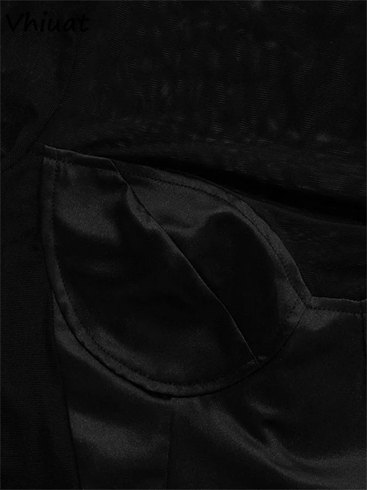 Vhiuat Sexy Cut Out Mesh Patchwork Turtleneck Long Sleeve Wrap Short Dress 2024 Party Evening Elegant Party Birthday Mini Dress