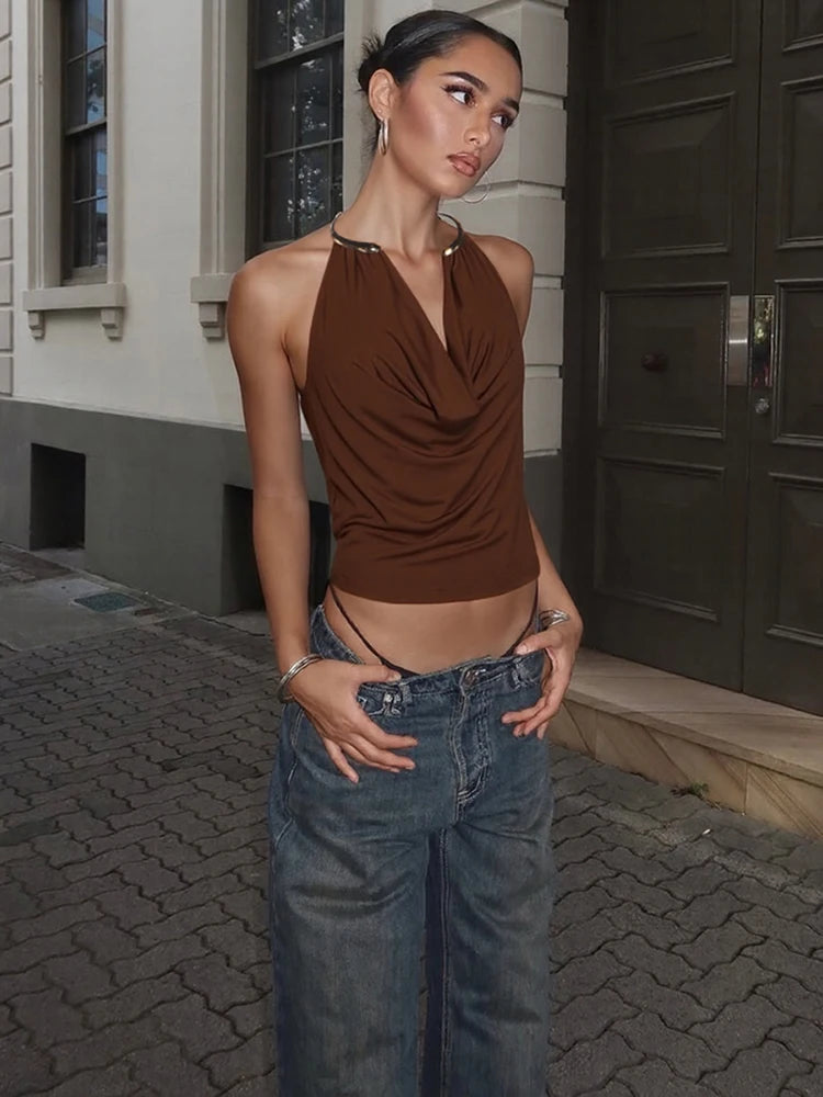 Kliou Sexy Fashion Tank Tops Woman 2026 New Style Metal Halter Swing Collar Backless Navel Exposed Hot Girls Classic Streetwear