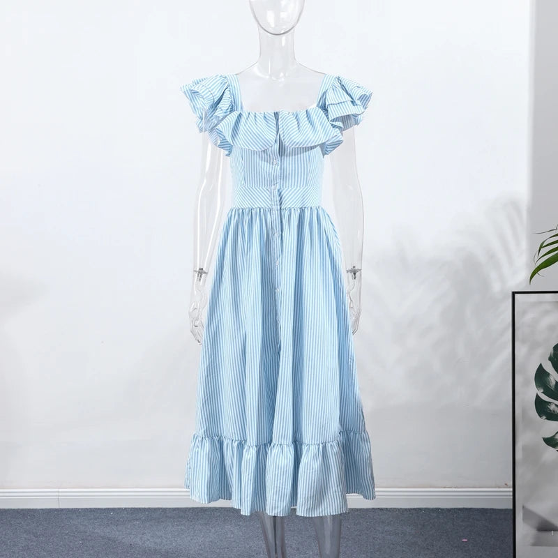 Elegant Striped Ruffled Women's Long Dress Square-Neck Single Breasted Flying Sleeve Dresses 2026 Summer Lady Party Beach Robes