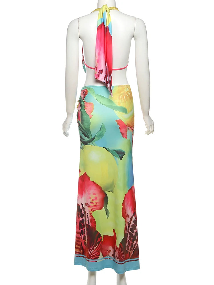Nibber Sexy Colorful Leopard Women 2Piece Set Y2K Beach Vacation Halter Tank Tops+Wrapped Maxi Skirts Matching Vacation Clubwear
