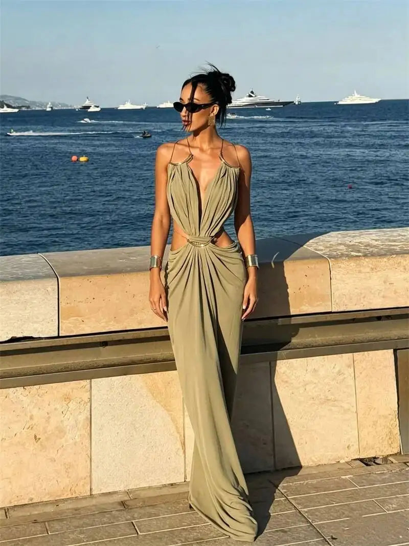 Halter Deep V Neck Maxi Dress Backless