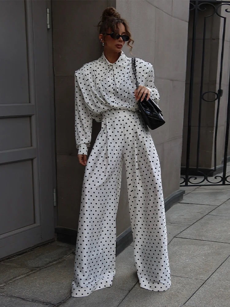 Casual Dot Shirt Pants Women Set Holidays Lapel Long Sleeve Blouse Wide Leg Pleated Trousers 2026 Spring Summer Lady Outfit