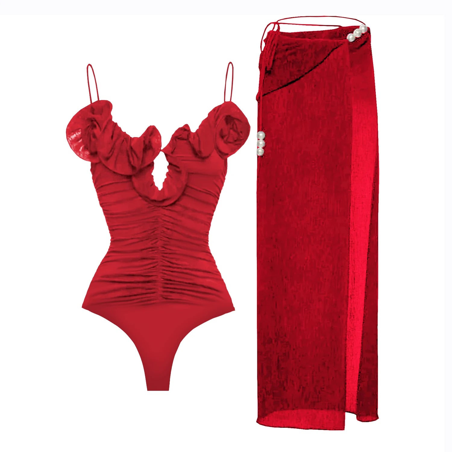 Flower Ruffle Swimsuit With Cover Up Luxury Woman Swimsuit Sexy Swimwear V Neck Swim Suit Red Bikini Sliming Bodysuit Beachwear