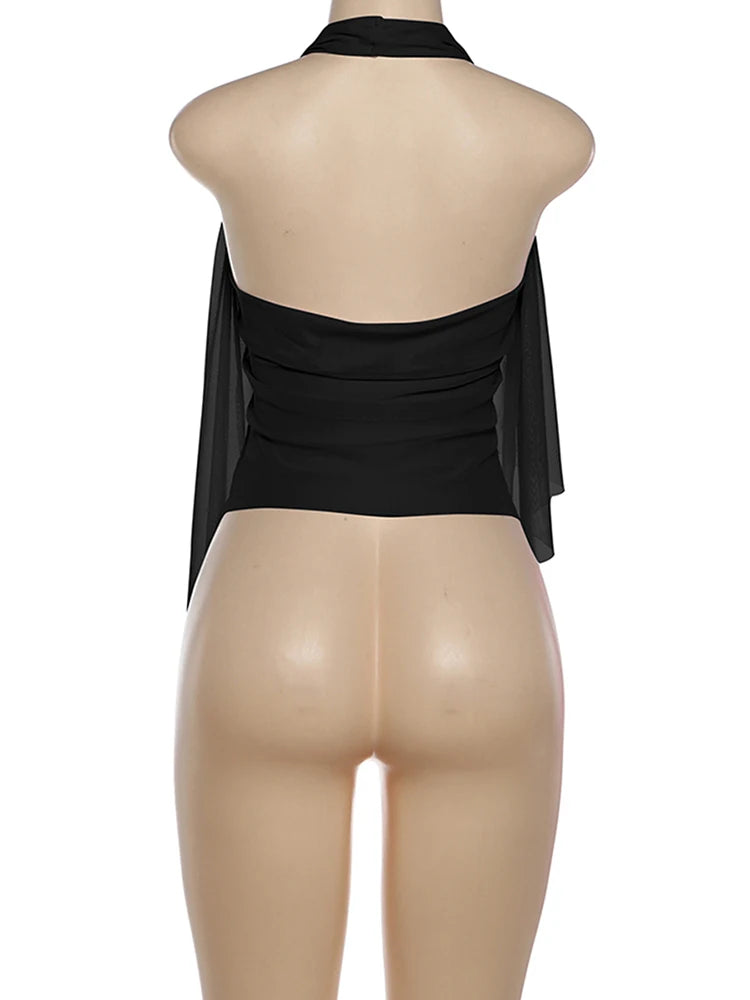 Nibber Elegant Metal Trim Tank Tops Woman Mesh Patchwork Halter Low-Neck Backless Ruched Ruffles Decoration 2026 New Style Vests