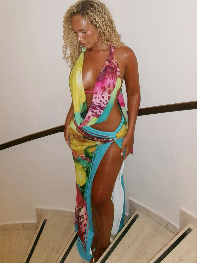 Nibber Sexy Colorful Leopard Women 2Piece Set Y2K Beach Vacation Halter Tank Tops+Wrapped Maxi Skirts Matching Vacation Clubwear