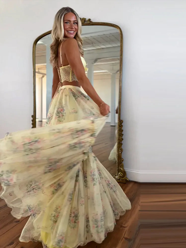 Floral Printed Women's Dress Lace Patchwork Spaghetti Strap Cami Top Female Tulle Ruffle Maxi Skirt Party Beach Dresses For Lady