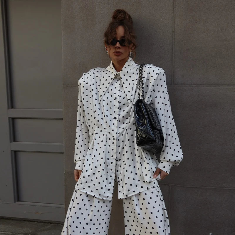 Casual Dot Shirt Pants Women Set Holidays Lapel Long Sleeve Blouse Wide Leg Pleated Trousers 2026 Spring Summer Lady Outfit