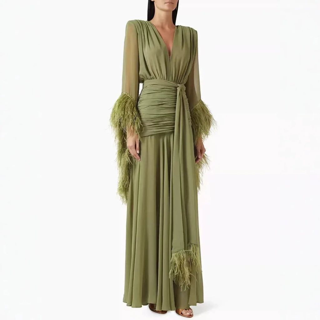 Women Elegant Solid Dress 2026 Fall V Neck Long Sleeve Feather Splicing Chiffon High Slit Slim Fit Maxi Dress Formal Party Gown