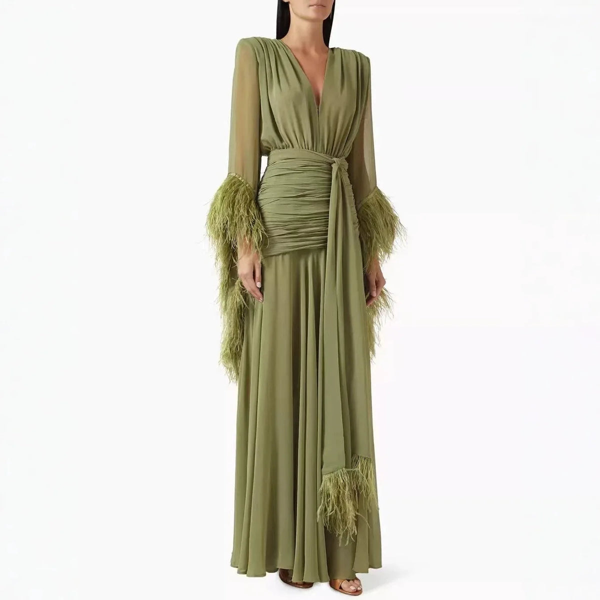 Women Elegant Solid Dress 2026 Fall V Neck Long Sleeve Feather Splicing Chiffon High Slit Slim Fit Maxi Dress Formal Party Gown