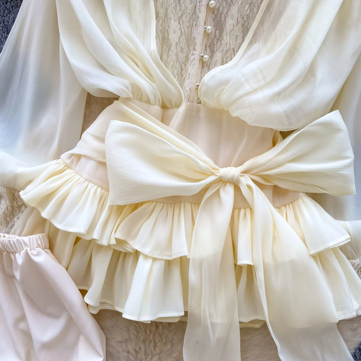 SINGREINY Fairycore Lace Chiffon Dresses With Stretch Shorts Pearl Button Bow Female Ruffles Sheer Seaside Holiday Mini Dress