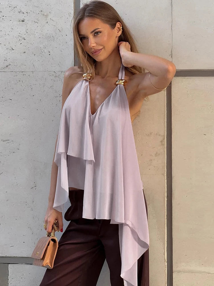 Nibber Elegant Metal Trim Tank Tops Woman Mesh Patchwork Halter Low-Neck Backless Ruched Ruffles Decoration 2026 New Style Vests