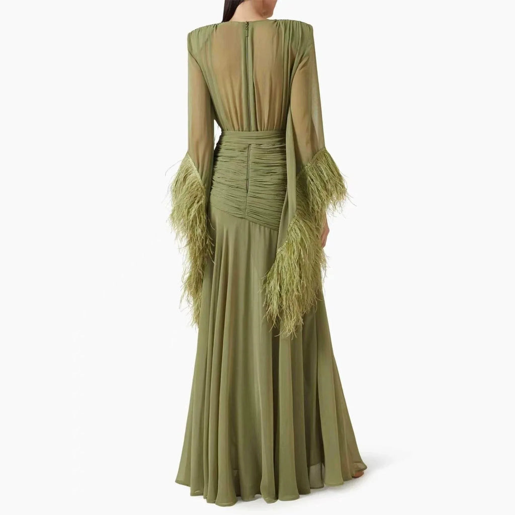 Women Elegant Solid Dress 2026 Fall V Neck Long Sleeve Feather Splicing Chiffon High Slit Slim Fit Maxi Dress Formal Party Gown