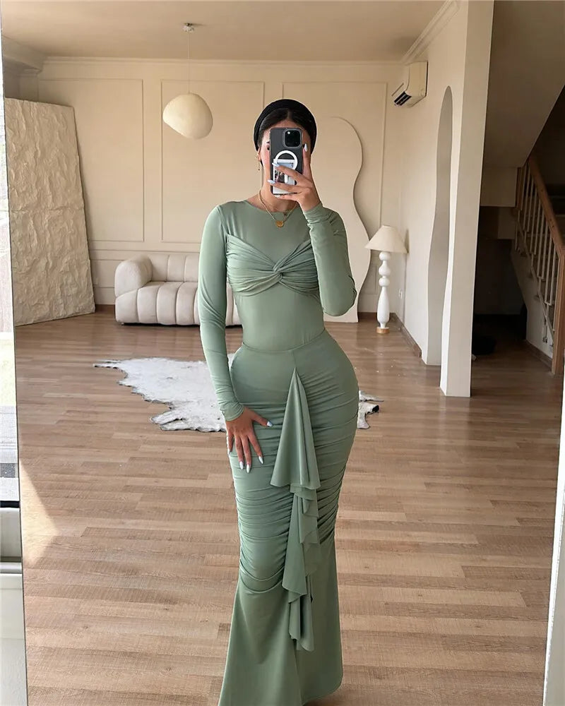 O Neck Ruched Bodycon Elegant Dress