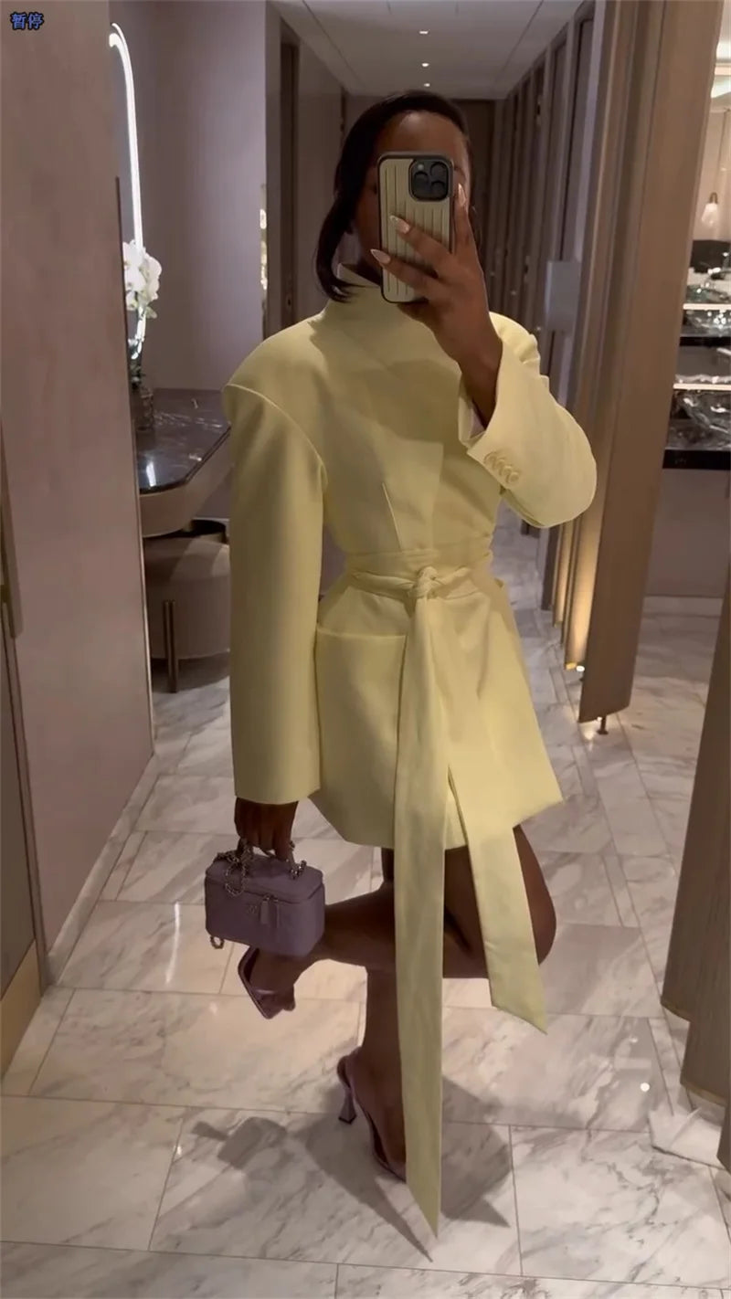 Autumn Yellow Women Suit Skirt 1 Piece Long Blazer Belted Sexy V Neck Jacket Formal Office Lady Wedding Guest Birthday Coat