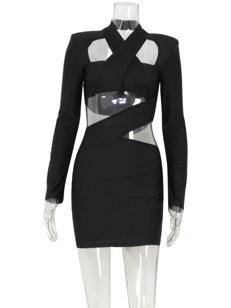Ahagaga Sexy Club Women's Mini Dresses Solid Hollow Out V-Neck Regular Long Sleeves Sheath Bodycon Slim Fit Streetwear Vestidos
