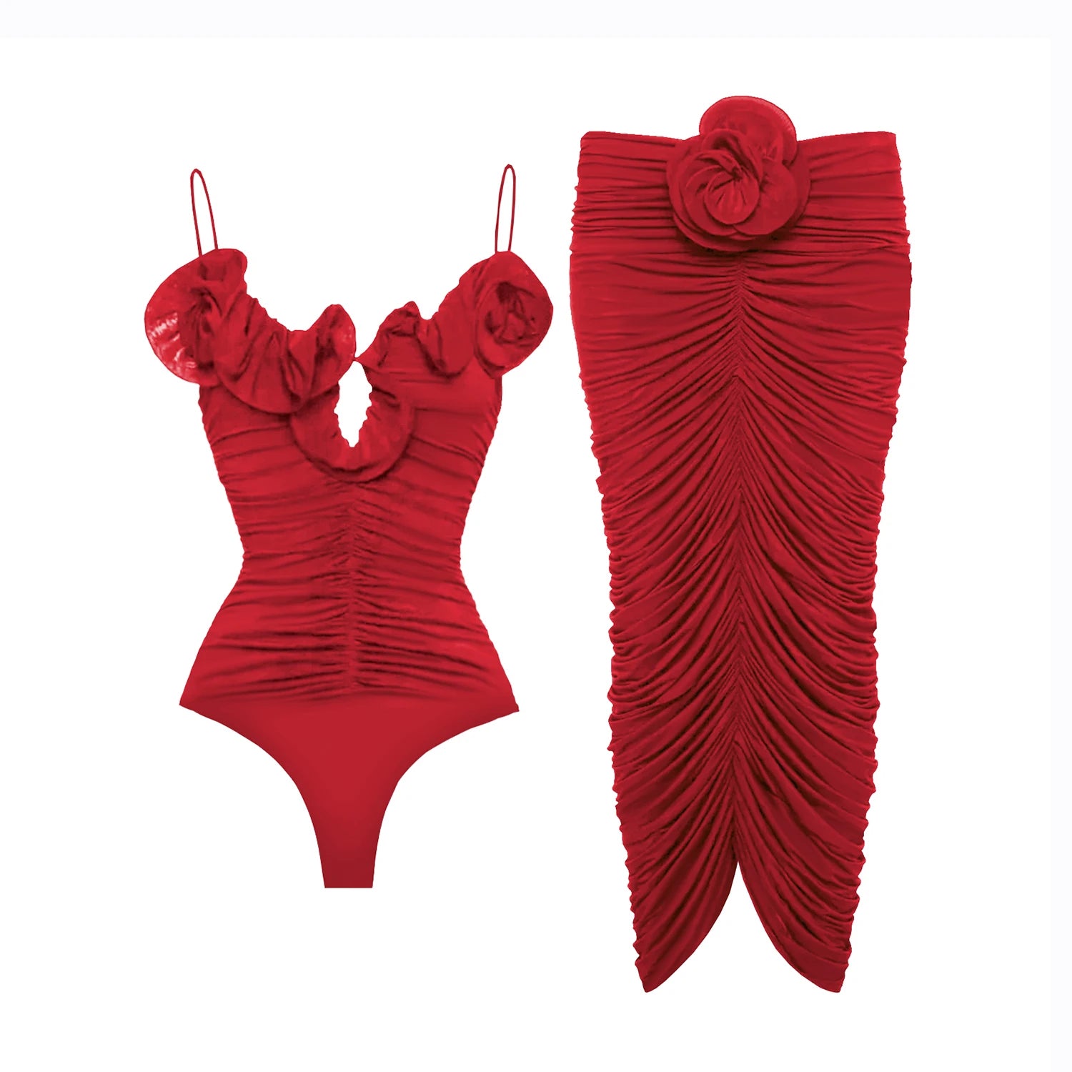 Flower Ruffle Swimsuit With Cover Up Luxury Woman Swimsuit Sexy Swimwear V Neck Swim Suit Red Bikini Sliming Bodysuit Beachwear